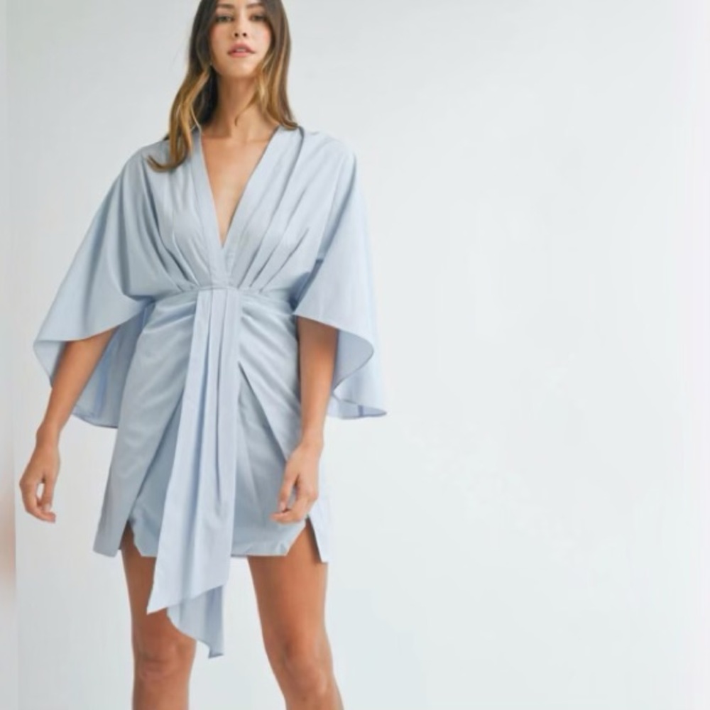 JANICE SATIN DEEP V-NECK SHORT DOLMAN DRESS NWT